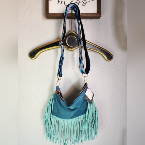 Fort Omotse Teal Leather Fringe Guitar Strap Crossbody - Picture 10 of 11